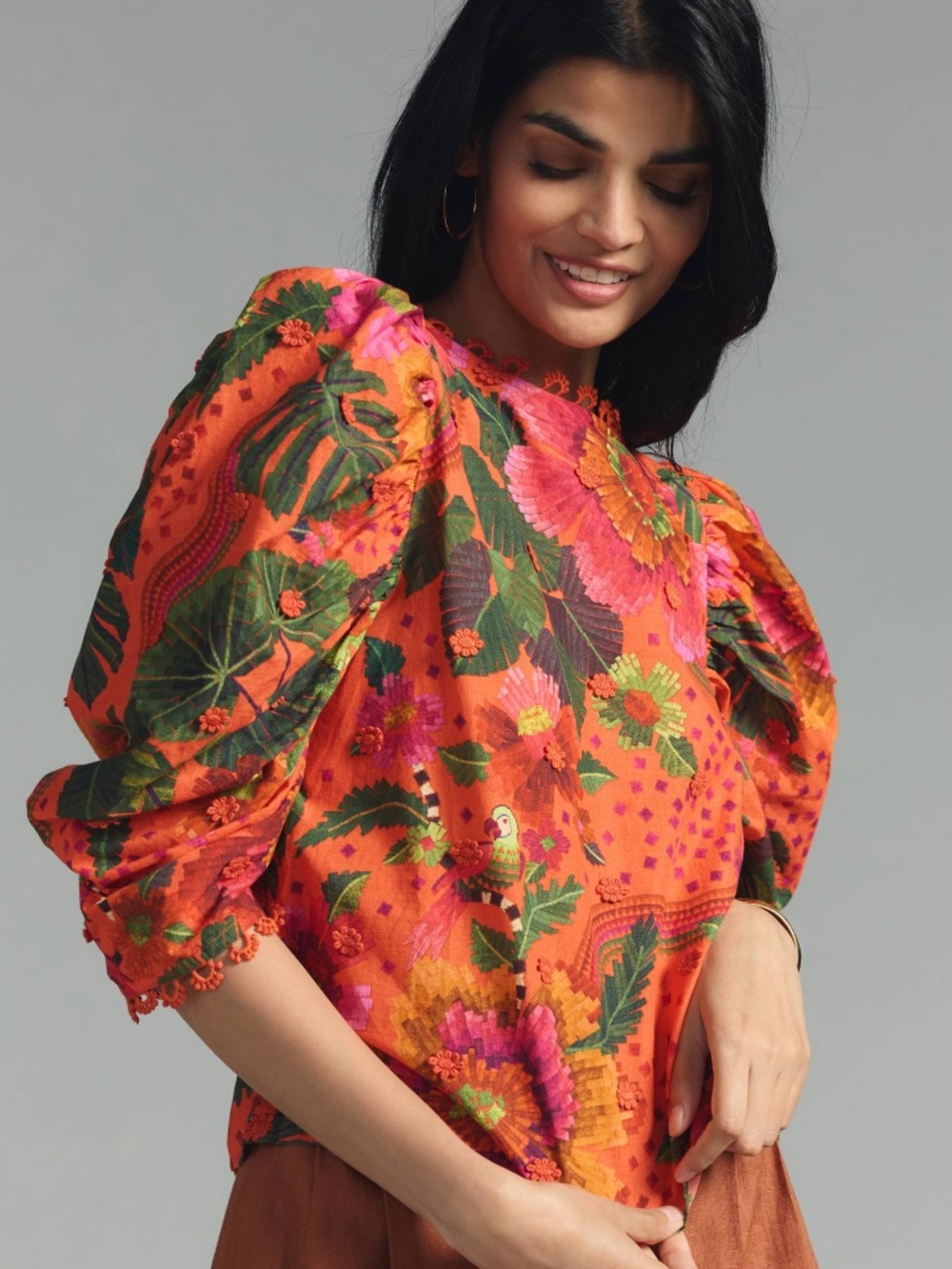 Farm Rio Blooming Garden Puff-Sleeve Top in Orange M - Picture 11 of 11